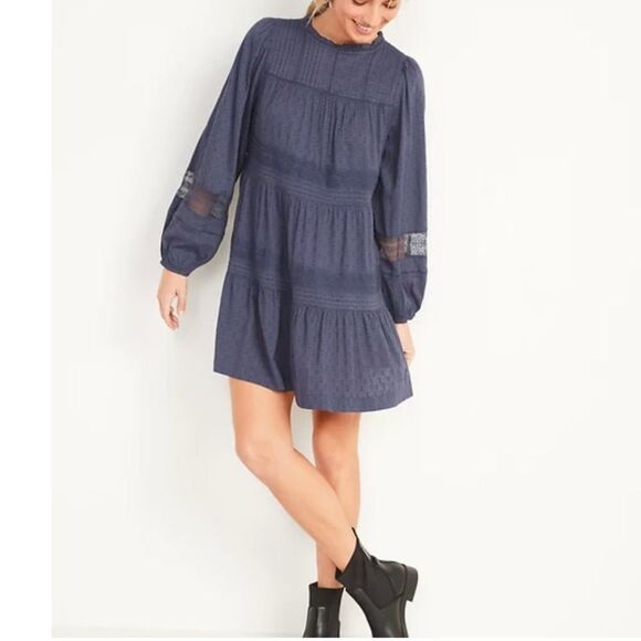 Old Navy Pintucked Mini Swing Swiss dot Dress S prairie peasant tier xl lagen - Picture 1 of 12